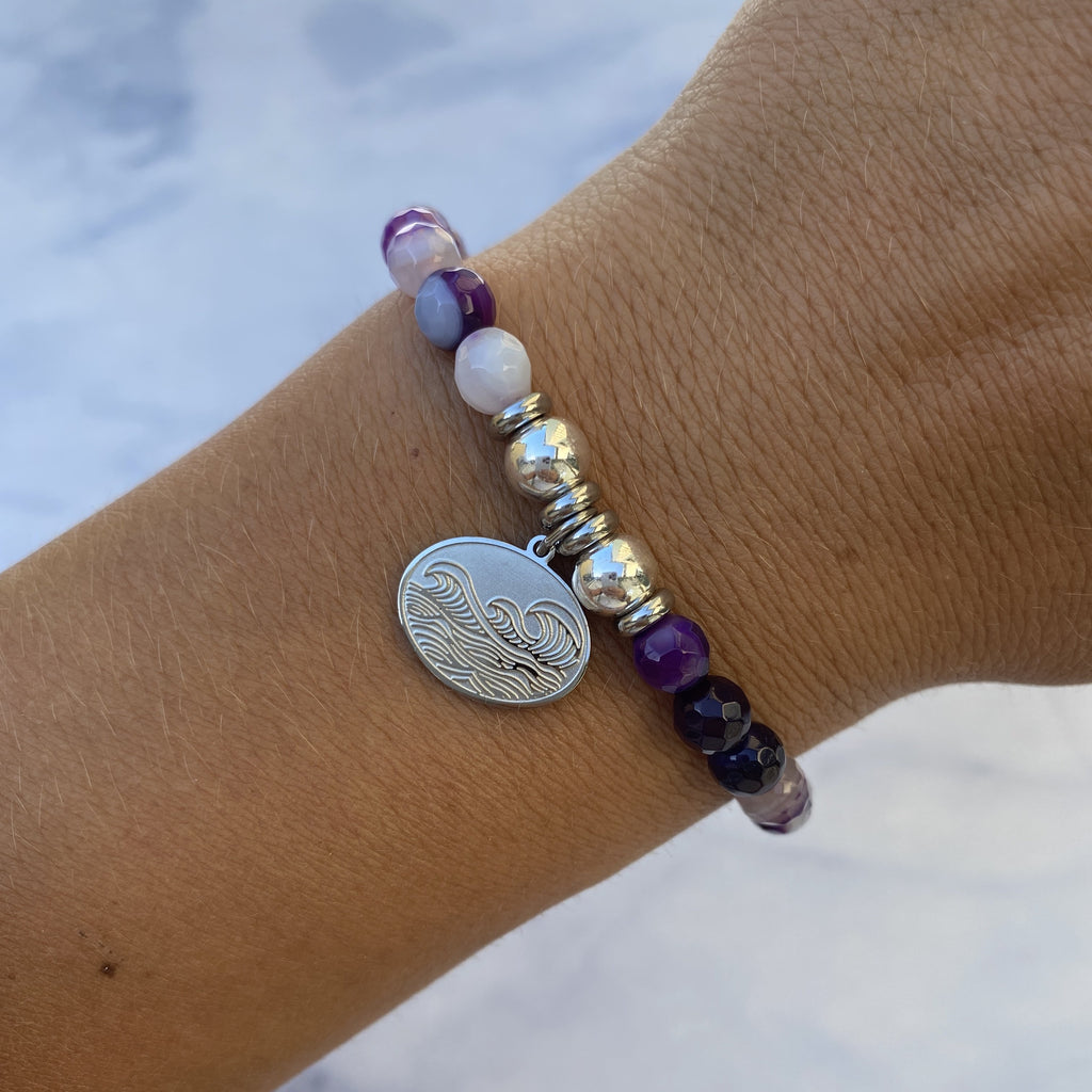 HELP by TJ Wave Charm with Purple Stripe Agate Beads Charity Bracelet