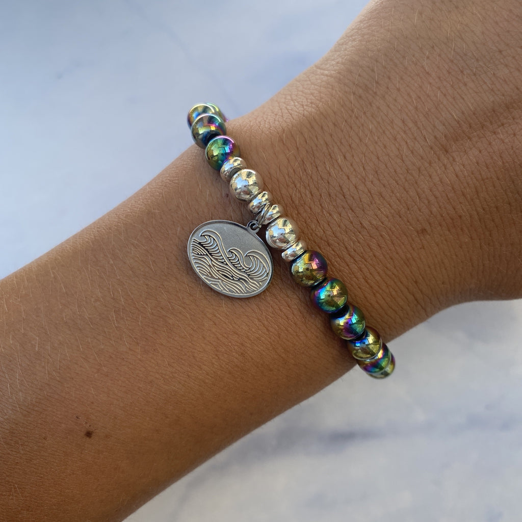 HELP by TJ Wave Charm with Rainbow Hematite Beads Charity Bracelet